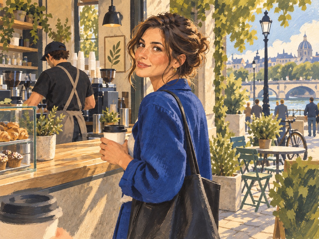 Illustrated adult woman waiting for coffee at an outdoor café